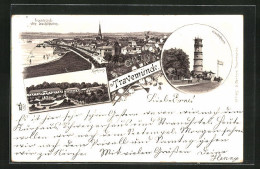 Lithographie Travemünde, Leuchtturm, Kurhaus  - Lübeck-Travemuende