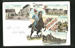 Lithographie Grimma, Kaserne, Langestrasse, Gattersburg, Kriegerdenkmal, Husar In Uniform  - Grimma