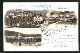 Lithographie Wildungen, Badelogirhaus, Georg-Victor-Quelle, Panorama  - Bad Wildungen