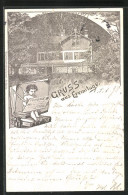 Lithographie Schleiz, Gasthaus Eremitage, Engelchen Schreibt Eine Postkarte  - Schleiz