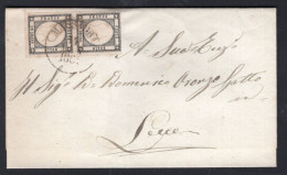 1861, 1 Gr, Vertical Pair, Fair Cut, On Folded Cover From MASSAFRA For Lecce - Nápoles