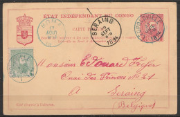 EP CP Etat Indépendant Du Congo 10c Rouge + N°6 Càd Bleu LEOPOLDVILLE /31 JUIL 1894 (transit BOMA) Pour SERAING - Enteros Postales