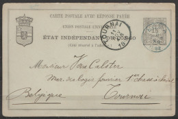 EP CP "Réponse Payée" Etat Indépendant Du Congo 15c Noir Càd Bleu BOMA /6 OCT 1892 Pour Militaire Chasseur à Cheval à TO - Entiers Postaux