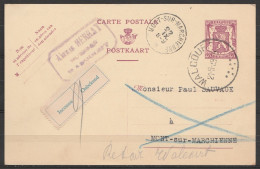 EP Petit Sceau 40c Lilas Càd WALCOURT /21-9-1939 Pour MONT-sur-MARCHIENNE - étiq. "Inconnu" - Retour à Walcourt - Cartes Postales 1934-1951