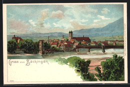 Lithographie Säckingen, Gesamtansicht Mit Fluss Und Brücke  - Bad Säckingen