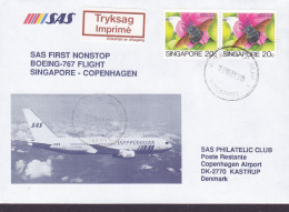 Singapore SAS First  Nonstop Boeing-767 Flight SINGAPORE - COPENHAGEN 1990 Cover Brief Lettre TRYKSAG Imprimé Label Bee - Singapore (1959-...)