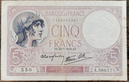 Billet 5 Francs VIOLET 20 - 7 - 1939 FRANCE A.58657 - 5 F 1917-1940 ''Violet''