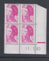 France Type Liberté N° 2180 XX : 15 C. Rose En Bloc De 4 Coin Daté Du  11 . 1 . 82,  1 Barre ;  Sans Charnière TB - 1980-1989