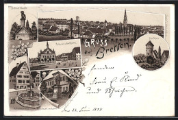 Lithographie Bretten, Melanchthon-Haus, Rathaus Und Marktplatz, Melanchthon-Denkmal  - Bretten