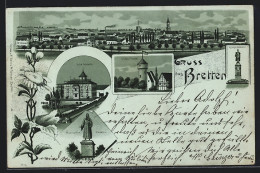 Mondschein-Lithographie Bretten, Villa Schmidt, Simel-Turm, Kriegerdenkmal  - Bretten