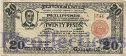 PHILIPPINES 20 PESOS 1942 PICK S474 VF RARE LOW SERIAL NUMBER "A 1544" - Filipinas