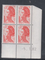 France Type Liberté N° 2182 XX : 30 C. Orange En Bloc De 4 Coin Daté Du  5. 1 . 82,  Sans Trait ; Sans Charnière TB - 1980-1989