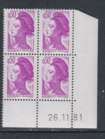 France Type Liberté N° 2184 XX : 50 C. Violet En Bloc De 4 Coin Daté Du  26 . 11 . 81,  Sans Trait Sans Charnière TB - 1980-1989