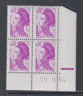 France   Liberté N° 2184 XX : 50 C. Violet En Bloc De 4 Coin Daté Du  29 . 6 . 84,  1 Barre, Gomme Légèrement Altérée TB - 1980-1989