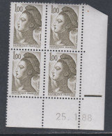 France Type Liberté N° 2185 XX : 1 F. Olive Foncé En Bloc De 4 Coin Daté Du  25 . 1 . 86, 1 Trait ; Sans Charnière TB - 1980-1989