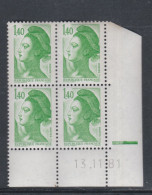 France Type Liberté N° 2186 XX : 1 F. 40 Vert En Bloc De 4 Coin Daté Du  13 . 11 . 81,  1 Barre,  Sans Charnière TB - 1980-1989