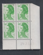 France Type Liberté N° 2186 XX : 1 F. 40 Vert En Bloc De 4 Coin Daté Du  25 . 11 . 81,  Sans Trait ,  Sans Charnière TB - 1980-1989