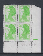 France Type Liberté N° 2188 XX : 2 F. Vert-jaune En Bloc De 4 Coin Daté Du 26 . 9 . 86,  1 Barre, Sans Charnière TB - 1980-1989