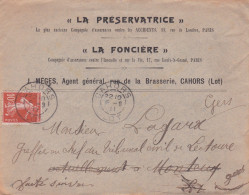1911-Lettre De CAHORS-46 Pour LECTOURE-32,Semeuse-cachet 6-9-11--Pub LA PRESERVATRICE-Mèges-courrier Inclus - 1877-1920: Période Semi Moderne