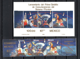 Mexico 1985 Space, Satellite Morelos I, Strip Of 5 + S/s MNH - Nordamerika