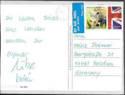 England Postcard Mailed To Germany 1990s. White Rhino Stamp Woburn Safari Park. Rhinoceros - Rhinozerosse