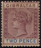 GIBRALTAR 1898 QV 2d Purple & Ultramarine SG41 Mint Hinged Cat £28 - Gibilterra