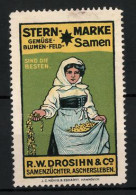 Reklamemarke Stern-Samen, Samenzüchter R. W. Drosihn & Co., Aschersleben, Bäuerin Säet Aus  - Erinnofilie