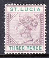 St Lucia 1891-98 QV - Wmk. Crown CA - Die II - 3d Dull Mauve & Green HM (SG 47) - St.Lucia (...-1978)