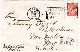 GB 1930, 1 1/2d On Ship Letter To NY With Quebec PAQUEBOT Machine Cancel - Otros & Sin Clasificación