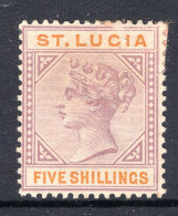 St Lucia 1891-98 QV - Wmk. Crown CA - Die II - 5/- Dull Mauve & Orange MNG (SG 51) - Light Tone - Ste Lucie (...-1978)