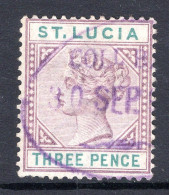 St Lucia 1891-98 QV - Wmk. Crown CA - Die II - 3d Dull Mauve & Green Fiscally Used (SG 47) - St.Lucia (...-1978)