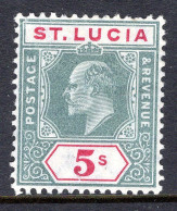 St Lucia 1904-10 KEVII - Wmk. Multiple Crown CA - 5/- Green & Carmine HM (SG 76) - Ste Lucie (...-1978)