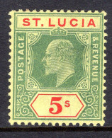 St Lucia 1904-10 KEVII - Wmk. Multiple Crown CA - 5/- Green & Red On Yellow HM (SG 77) - St.Lucia (...-1978)