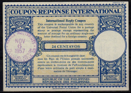 PHILIPPINES  Lo16n  24 CENTAVOS  International Reply Coupon Reponse Cupon Respuesta IRC IAS  O MANILA 06.11.57 - Filippine