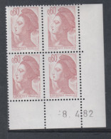 France Type Liberté N° 2239 XX : 60 C. Brun-rose En Bloc De 4 Coin Daté Du 8 . 4   . 82 ; Sans Trait ; Sans Charnière TB - 1980-1989