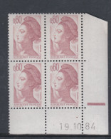 France Type Liberté N° 2239 XX : 60 C. Brun-rose En Bloc De 4 Coin Daté Du 19 . 10 . 84 ; 1 Barre; Sans Charnière TB - 1980-1989