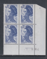 France Type Liberté N° 2240 XX : 70 C. Bleu-violet En Bloc De 4 Coin Daté Du 1 . 8 . 84 ; 2 Traits; Sans Charnière TB - 1980-1989