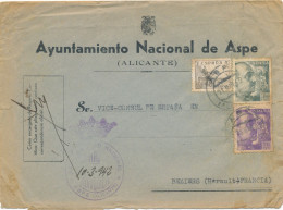 ESPAGNE - 3 TIMBRES SUR ENVELOPPE EXENTO DE CENSURA VALENCIA DELCID POUR BEZIERS FRANCE 1939 - Marcas De Censura Republicana