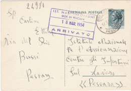 ITALIA - REPUBBLICA  - BUSSI (PE) CARTOLINA POSTALE - VG. PER   PESCARA - 1954 - Stamped Stationery