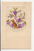 CARTE BRODEE     OISEAU ET FLEURS - Brodées