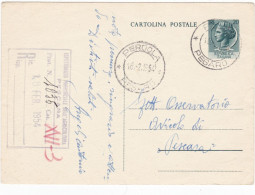 ITALIA - REPUBBLICA  - PERGOLA (PE) CARTOLINA POSTALE - VG. PER   PESCARA - 1954 - Interi Postali