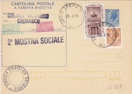 ITALIA - REPUBBLICA  - CARTOLINA POSTALE A TARIFFA RIDOTTA - CIRCOLO FILATELICO CREMASCO - 1978 - Postwaardestukken