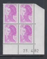 France Type Liberté N° 2242 XX : 90 C. Violet Clair En Bloc De 4 Coin Daté Du 23 . 4 . 82 ; Ss Trait ; Sans Charnière TB - 1980-1989