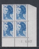 France Type Liberté N° 2275 XX : 2 F. 80 Bleu En Bloc De 4 Coin Daté Du 3 . 6 . 83 Sans Charnière TB - 1980-1989