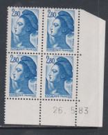 France Type Liberté N° 2275 XX : 2 F. 80 Bleu En Bloc De 4 Coin Daté Du 26 . 5 . 83 Sans Charnière TB - 1980-1989