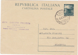 ITALIA - REPUBBLICA  - PAVIA - CARTOLINA POSTALE  -  AVV. - VIAGGIATA PER PICENZA - 1951 - Interi Postali