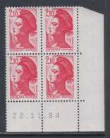 France Type Liberté N° 2319 XX : 2 F. 10 Rouge  En Bloc De 4 Coin Daté Du 22 . 11 . 84 ; Gomme Légèrement Altérée  TB - 1980-1989