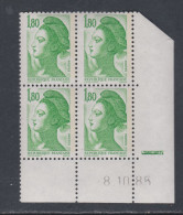 France Type Liberté N° 2375 XX :  1 F. 80  Vert  En Bloc De 4 Coin Daté Du 8 . 10 . 85 ; 1 Barre, Sans Charnière TB - 1980-1989