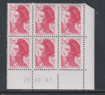 France Type Liberté N° 2376 XX :  2 F. 20  Rouge  En Bloc De 6 Coin Daté Du 28 . 08 . 87 ;  Sans Charnière, TB - 1980-1989