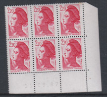 France Type Liberté N° 2376 XX :  2 F. 20  Rouge  En Bloc De 6 Coin Daté Du 11 . 09 . 87 ;  Sans Charnière, TB - 1980-1989